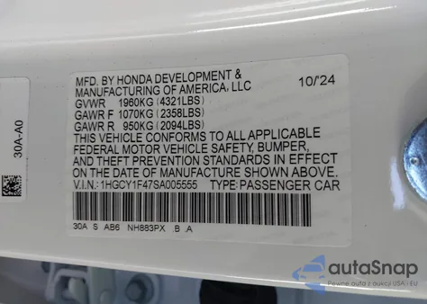 2025 Honda Accord Se z USA, uszkodzony, nr VIN 1HGCY1F47SA005555